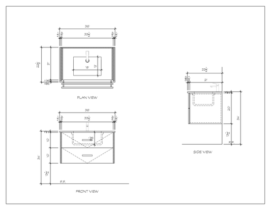 36" floating bathroom vanity, dimension drawing