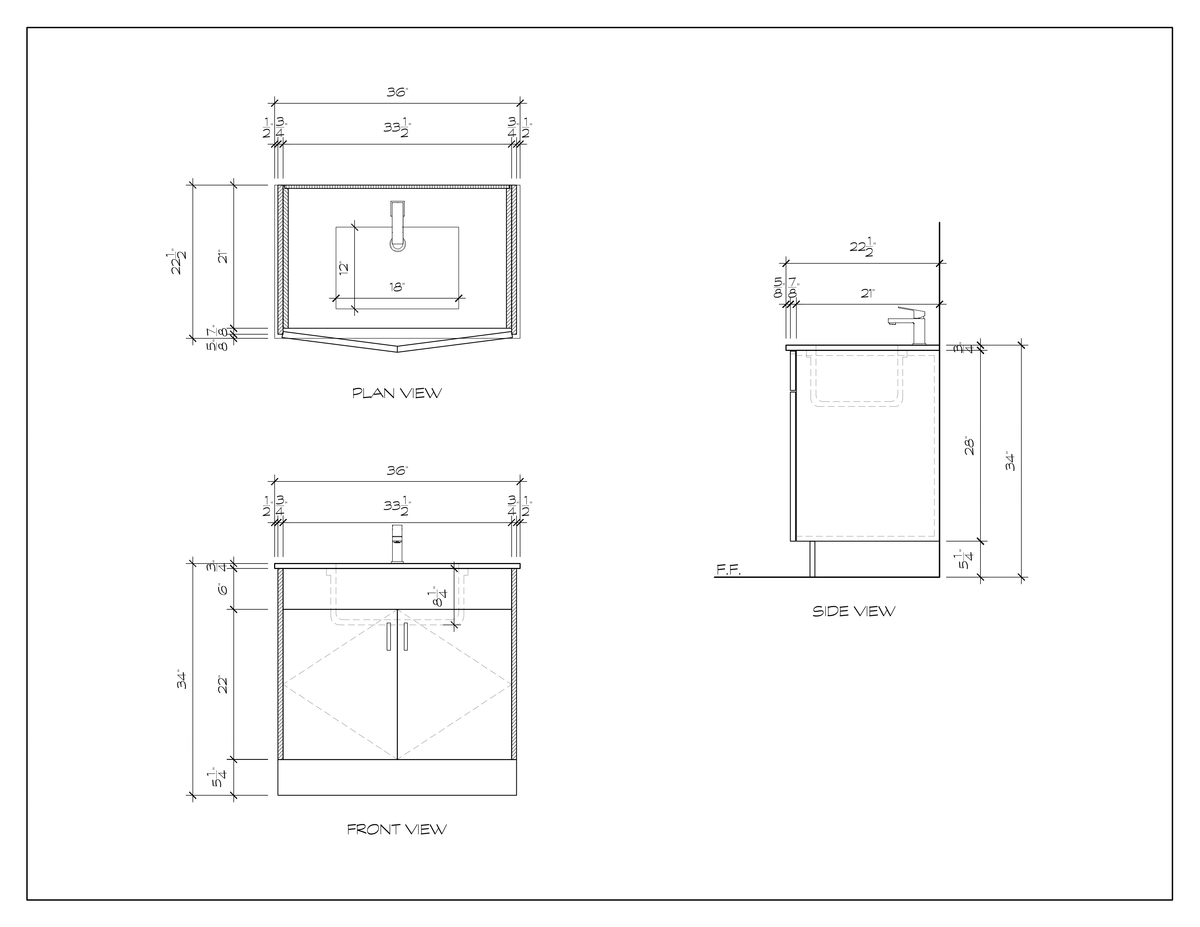 36" standing bathroom vanity, dimension drawing