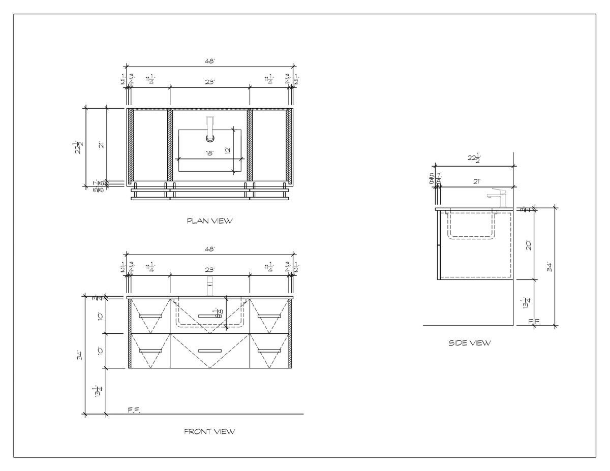 48" floating bathroom vanity, dimension drawing