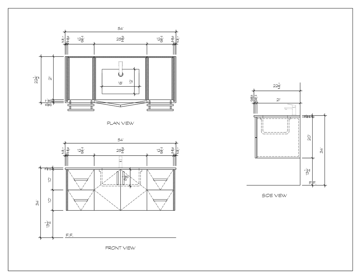 54" floating bathroom vanity, dimension drawing