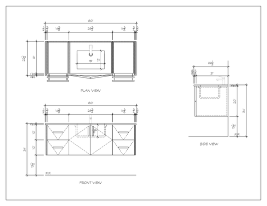 60" floating bathroom vanity, dimension drawing