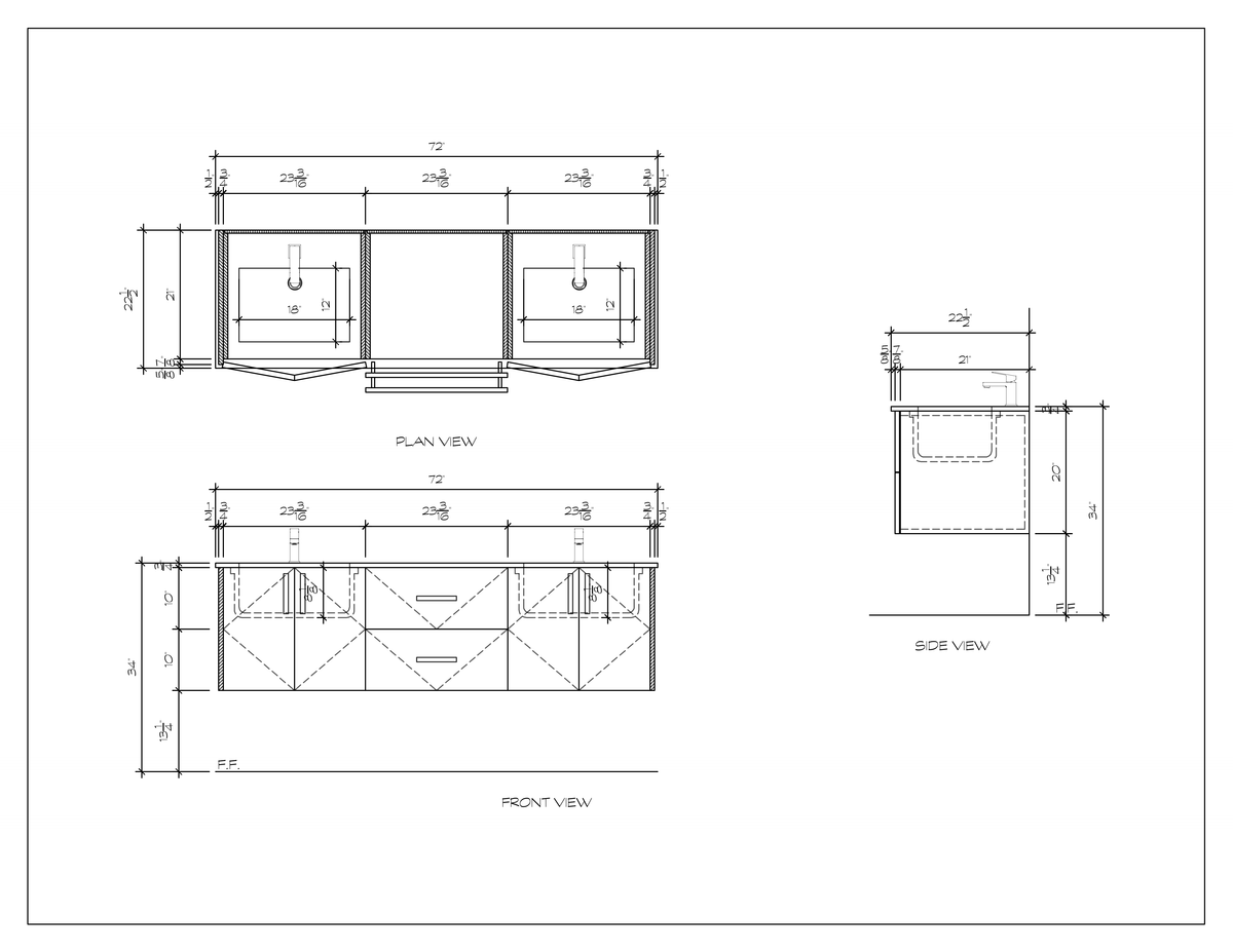 72" floating bathroom vanity, dimension drawing