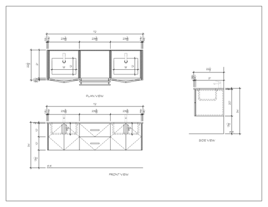 72" floating bathroom vanity, dimension drawing