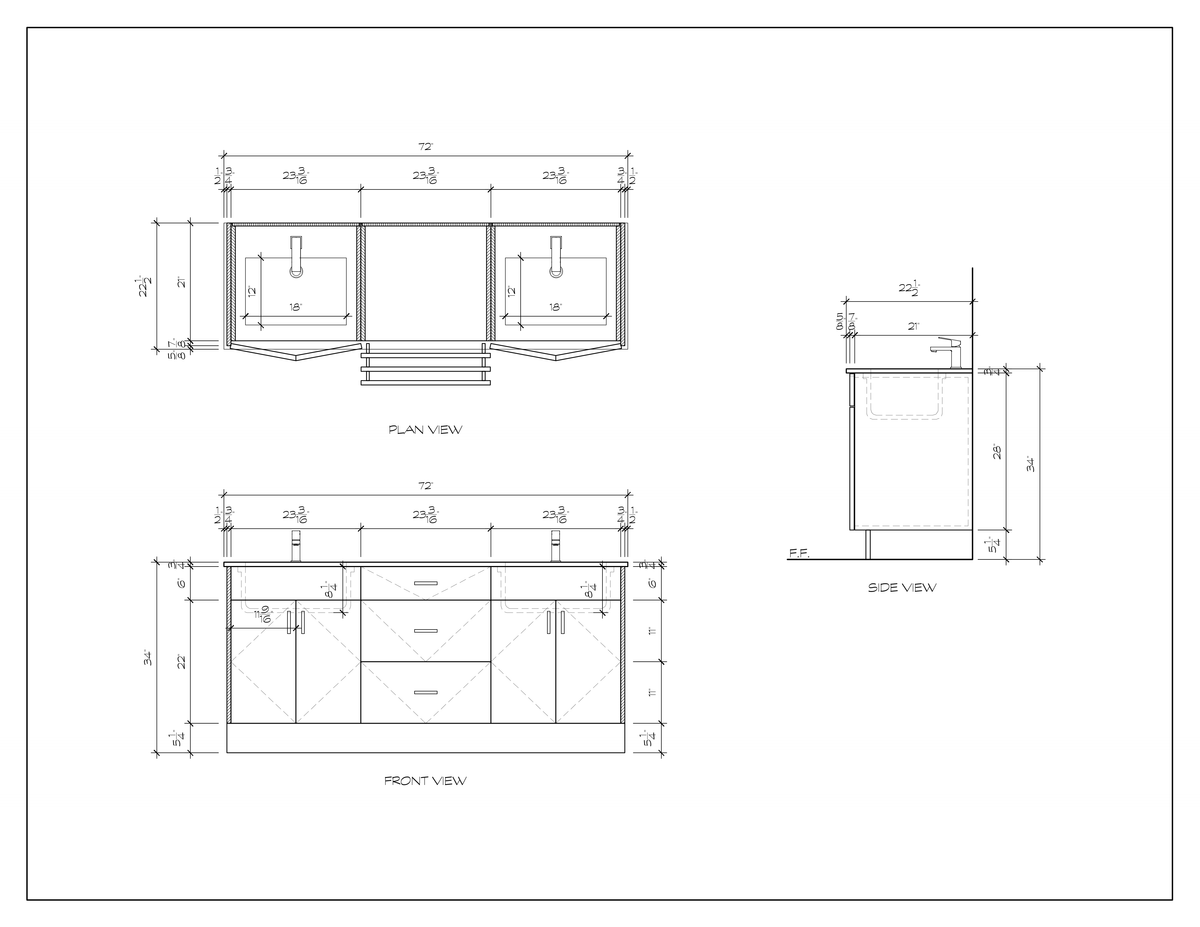 72" standing bathroom vanity, dimension drawing