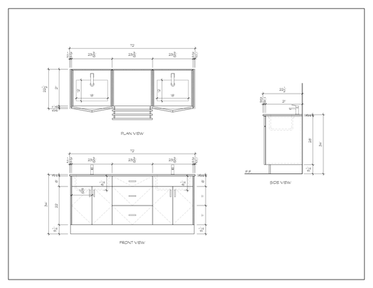 72" standing bathroom vanity, dimension drawing