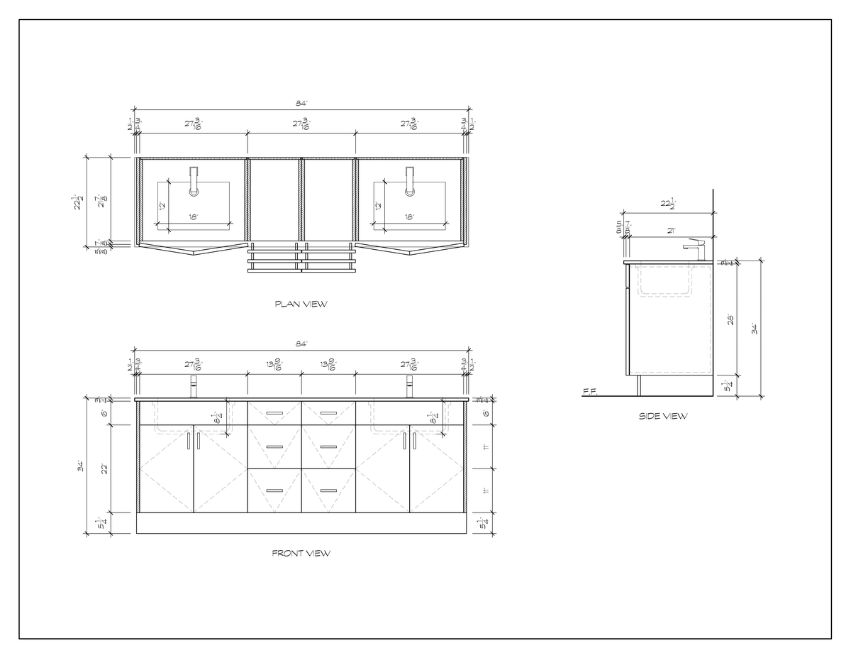84" standing bathroom vanity, dimension drawing