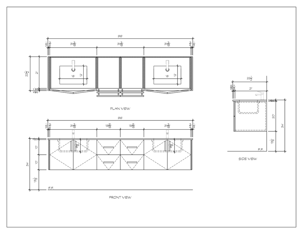96" floating bathroom vanity, dimension drawing